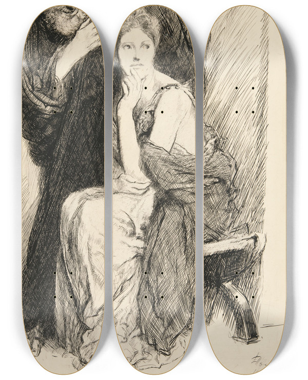 Triptych art skateboard deck of Edwin Austin Abbey Cressida And Her Uncle From Troilus Andcressida by Edwin Austin Abbey (1852-1911)