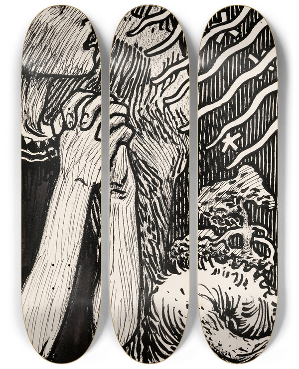 Triptych art skateboard deck of Akseli Gallenkallela Sketch For The Praying Impene by Akseli Gallen Kallela (1865-1931)