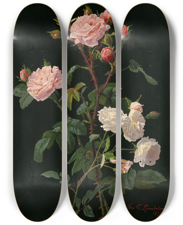 Triptych art skateboard deck of George Cochran Lambdin Pink And White Roses by George Cochran Lambdin (1830-1896)