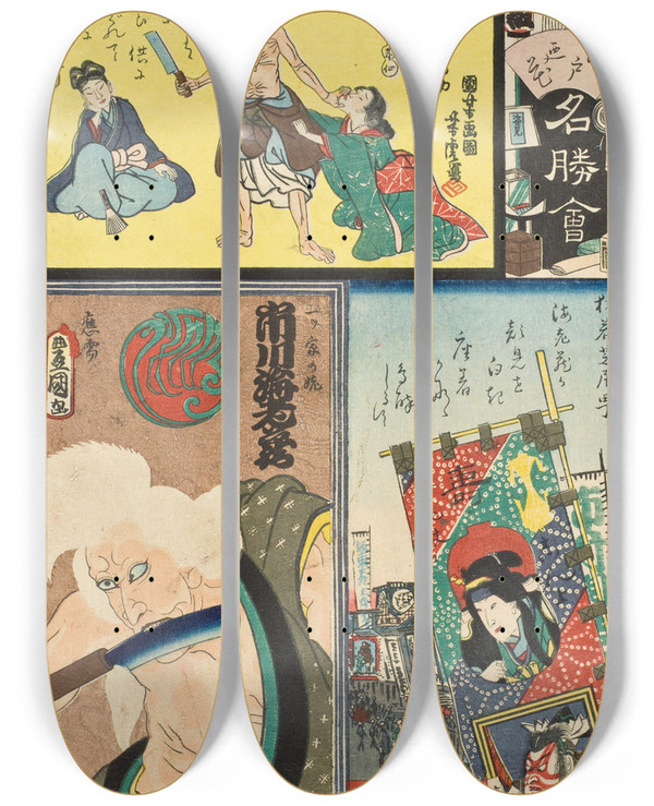 Triptych art skateboard deck of Utagawa Kuniyoshi Chi Brigade Tenth Group Theater District In Saruwaka Actor Ichikawa Ebiz V As The Old Woman Of The Lonely House by Utagawa Kuniyoshi (1797-1861)
