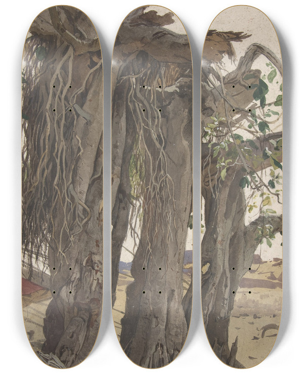 Triptych art skateboard deck of Woldemar Friedrich Study Of A Stump With Aerial Roots by Friedrich Woldemar (1846-1910)