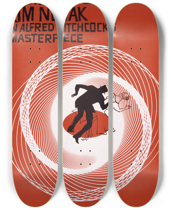 Triptych art skateboard deck of Saul Bass James Stewart Kim Novak In Alfred Hitchcocks Masterpiece Vertigo by Saul Bass (1920-1996)