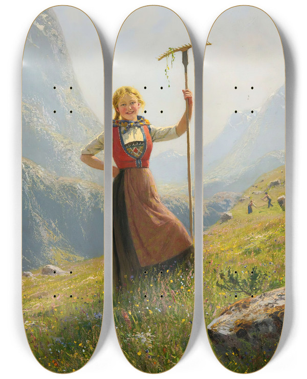 Triptych art skateboard deck of Hans Dahl Peasant Girl With A Rake by Hans Dahl (1849-1937)