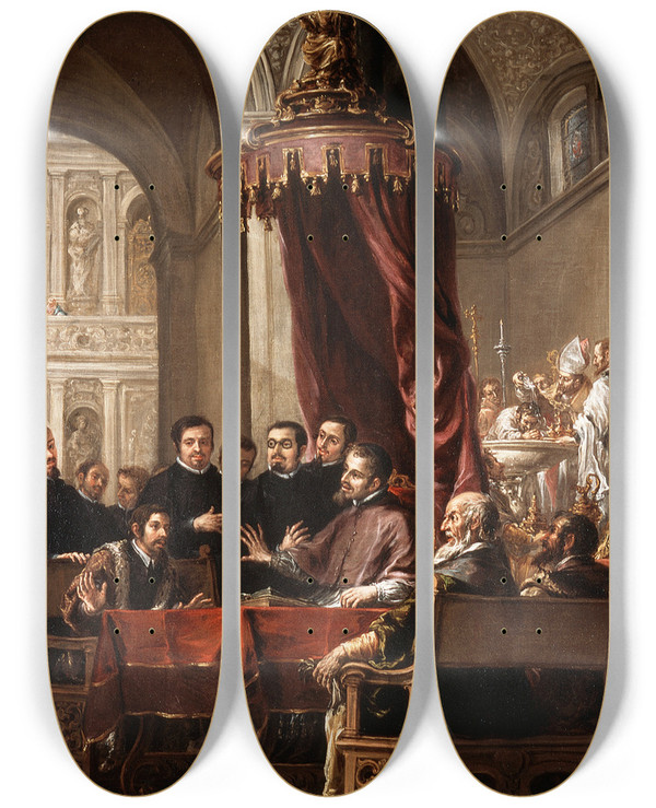 Triptych art skateboard deck of Juan De Valds Leal The Conversion And Baptism Of St Augustine By St Ambrose by Juan de Valds Leal (1622-1690)