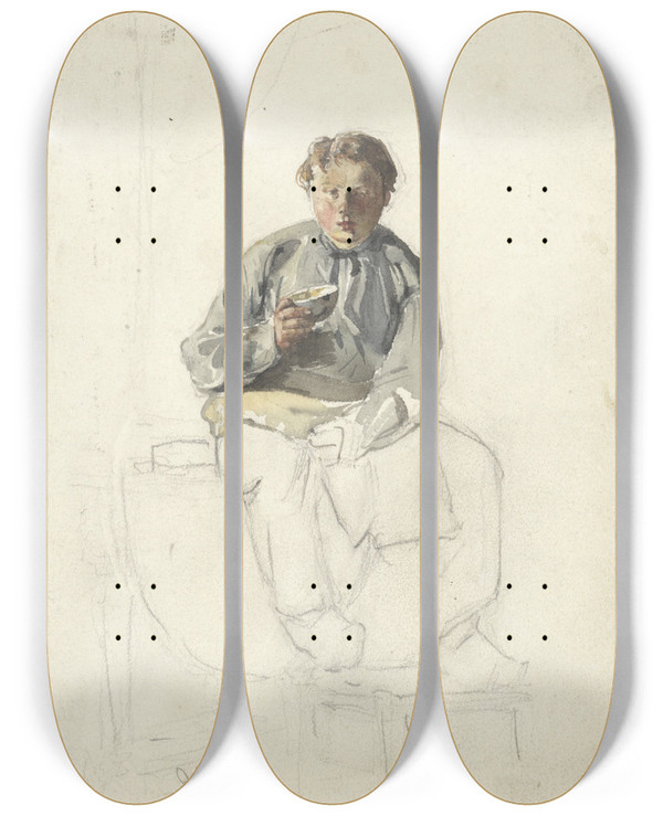 Triptych art skateboard deck of Adolf Le Comte Zittende Jongen Met Een Kopje by Adolf Le Comte (1850-1921)