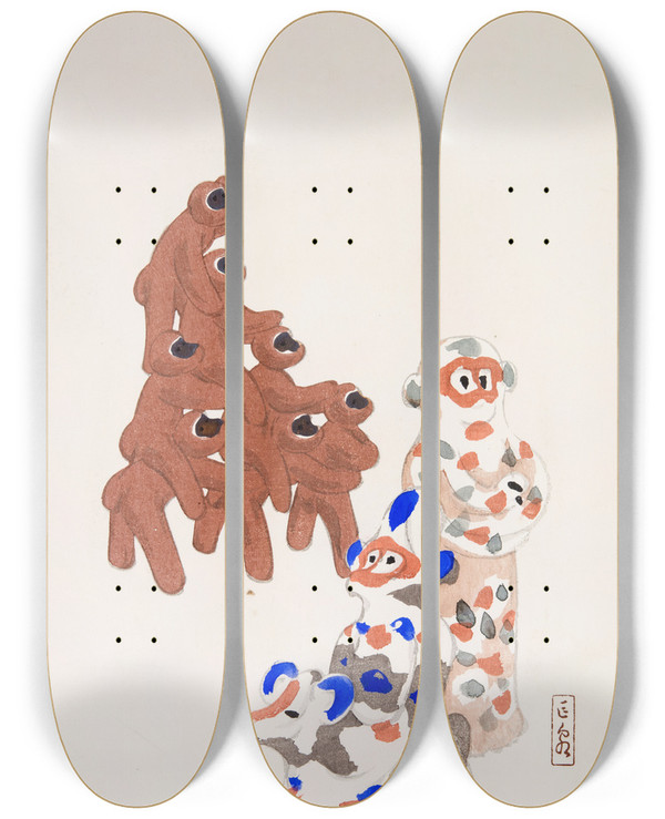 Triptych art skateboard deck of Kawasaki Kyosen Kyosens Collected Illustrations Of Japanese Toys Pl025 by Kawasaki Kyosen (1877-1942)