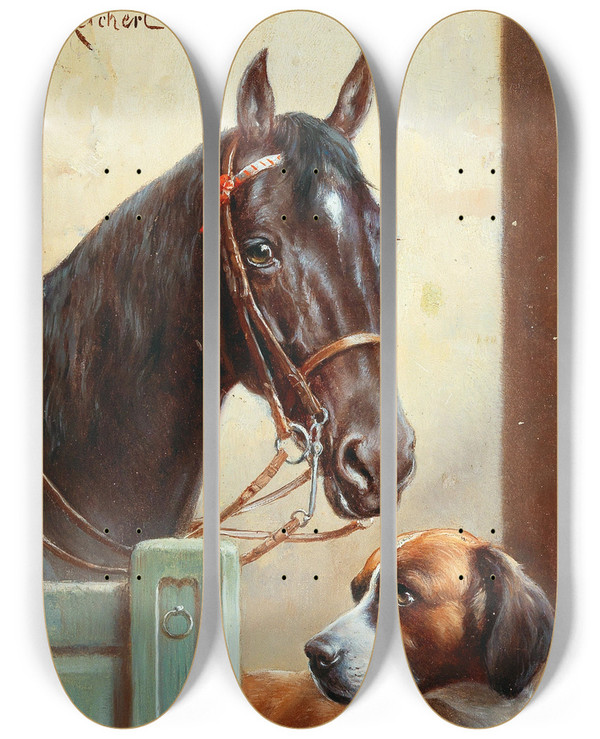 Triptych art skateboard deck of Carl Reichert Friends A Bay And A St Bernard In A Stable by Carl Reichert (1836-1918)