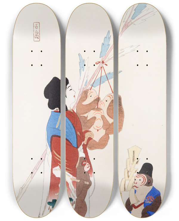 Triptych art skateboard deck of Kawasaki Kyosen Kyosens Collected Illustrations Of Japanese Toys Pl050 by Kawasaki Kyosen (1877-1942)
