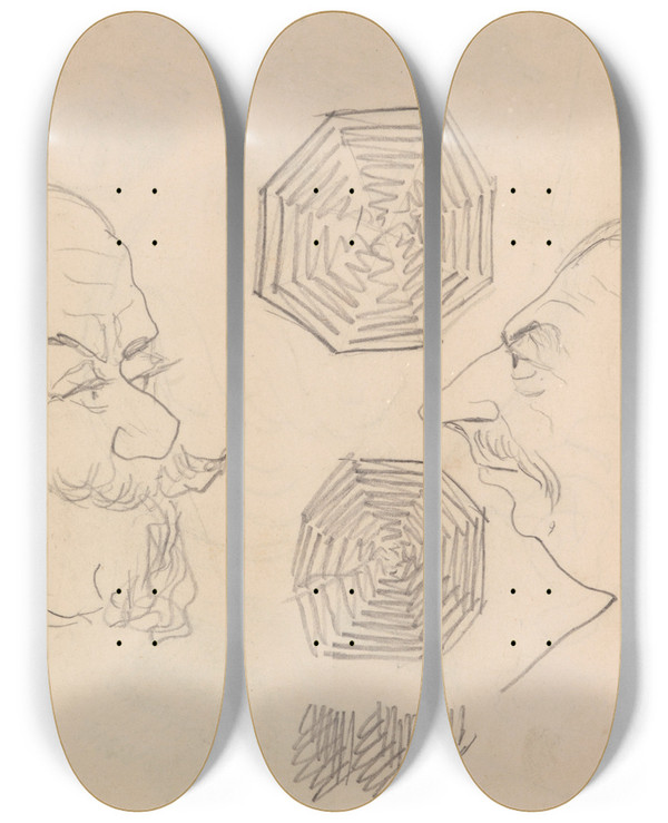 Triptych art skateboard deck of James Ensor Two Heads And A Spinningwheel by James Ensor (1860-1949)