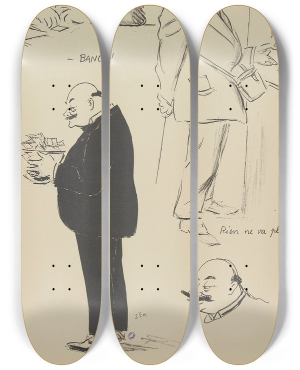 Triptych art skateboard deck of Georges Goursat Sem Banco by Georges Goursat (Sem) (1863-1934)