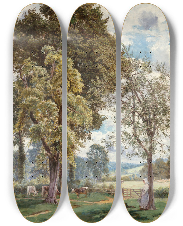 Triptych art skateboard deck of Rose Emily Stanton Contemplation by Rose Emily Stanton