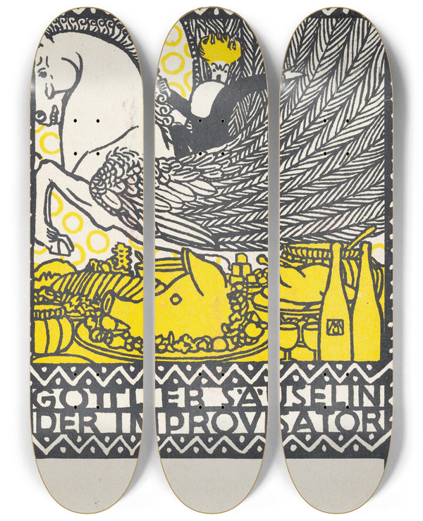 Triptych art skateboard deck of Moriz Jung Gottlieb Suselin The Improviser by Moriz Jung (1885-1915)