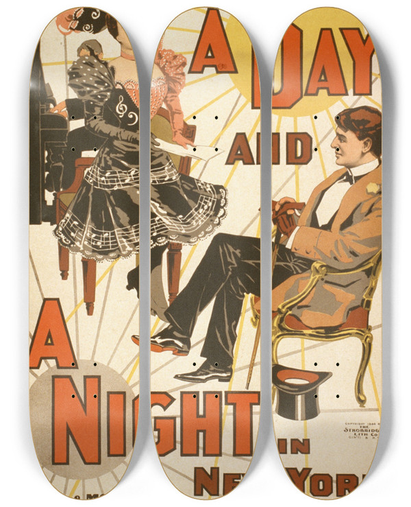 Triptych art skateboard deck of Strobridge Co Lith Hoyts A Day And A Night In New York_2 by Strobridge Co Lith (1847)