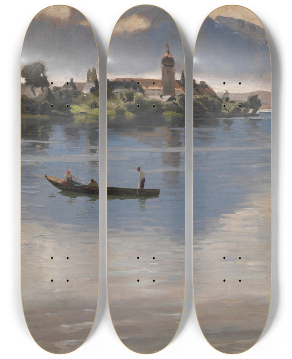 Triptych art skateboard deck of Karl Raupp Kahnfahrt Auf Dem Chiemsee Vor Der Fraueninsel by Karl Raupp (1837-1918)