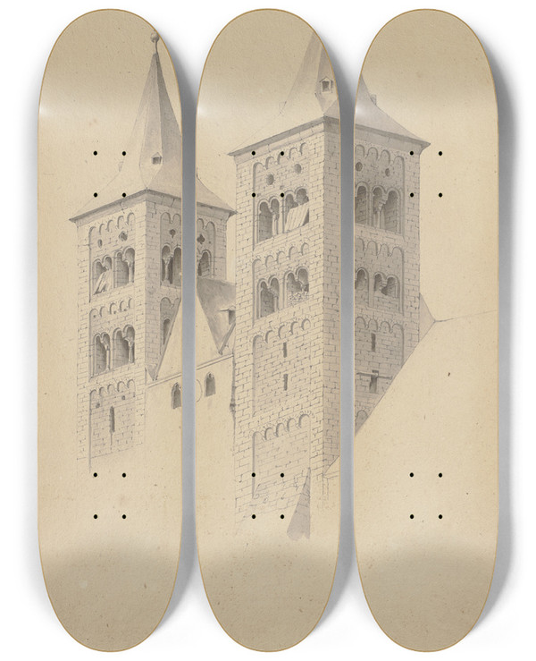 Triptych art skateboard deck of Friedrich Wilhelm Ludwig Klosterkirche Zu Ilbenstadt In Der Wetterau by Friedrich Wilhelm Ludwig (1828)