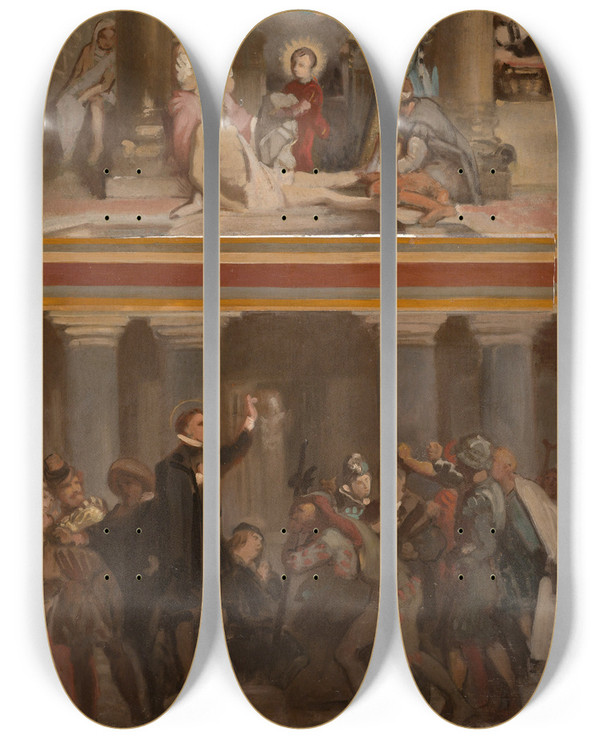 Triptych art skateboard deck of Victorlouis Mottez Lenfance De Saint Franois De Sales Saint Franois De Sales Prchant Les Hrtiques Du Chablais by Victor-Louis Mottez (1809-1897)