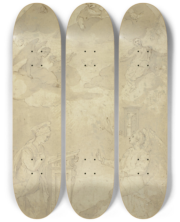 Triptych art skateboard deck of After Andrea Boscoli Annunciation by After Andrea Boscoli (1560-1606)