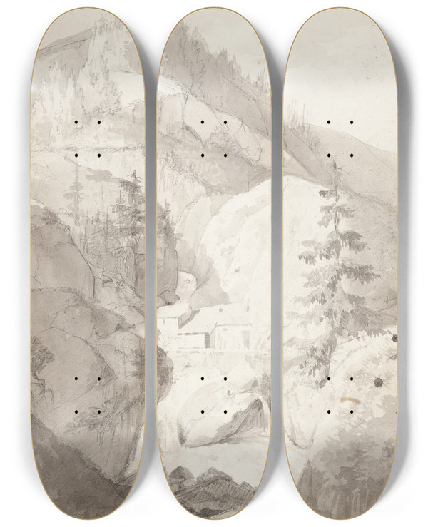 Triptych art skateboard deck of Johan Ludvig Lund Et Vandfald Ved St Pierre Dentremont Grand St Bernard Schweiz by Johan Ludvig Lund (1777-1867)