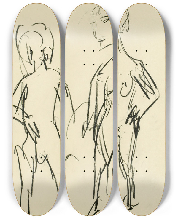 Triptych art skateboard deck of Albert Mller Figrliche Skizze Zwei Akte by Albert Muller (1897-1926)