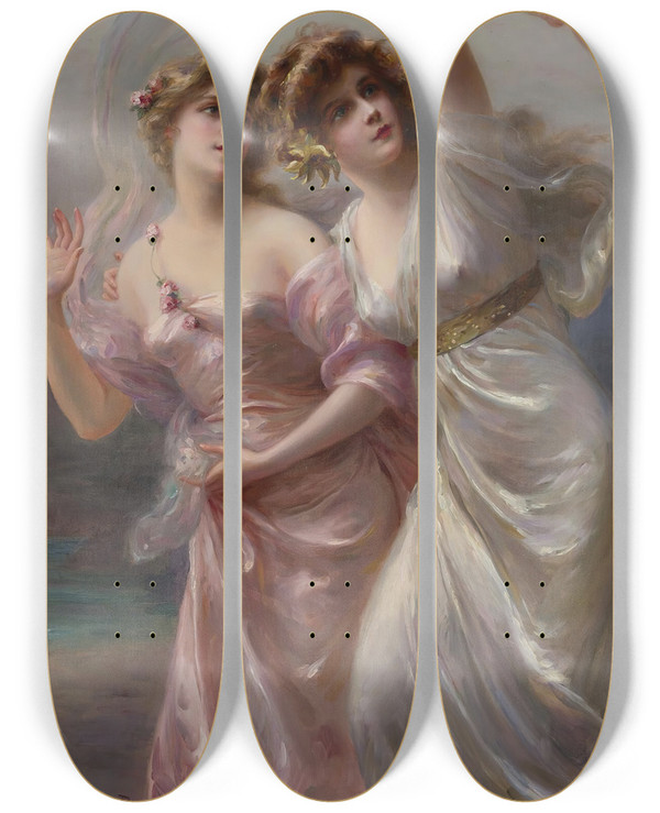 Triptych art skateboard deck of Douard Bisson Loves Messengers by Edouard Bisson (1856-1939)
