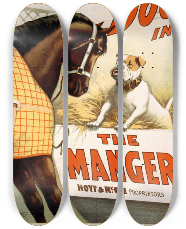 Triptych art skateboard deck of Strobridge Co Lith Hoyts A Dog In The Manger by Strobridge Co Lith (1847)