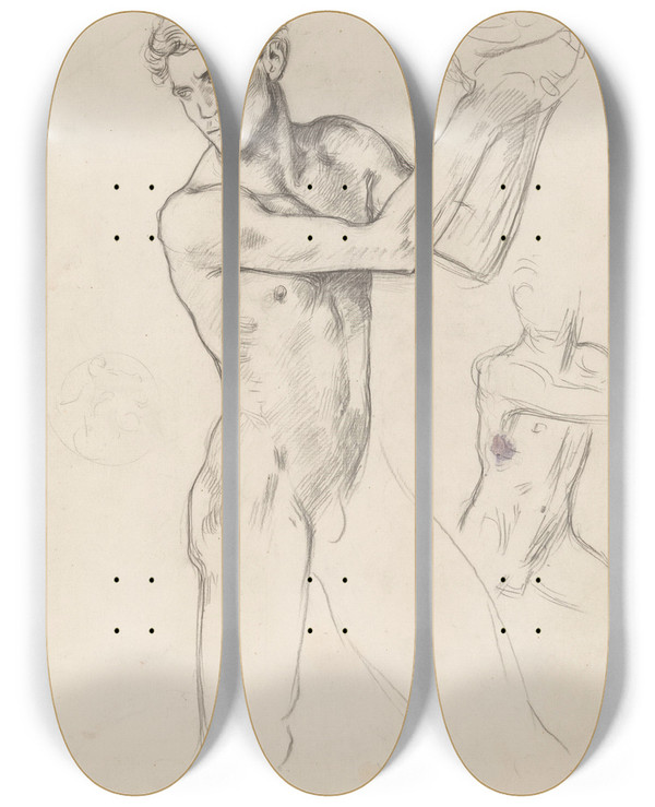 Triptych art skateboard deck of Richard Nicolas Roland Holst Staand Mannelijk Naakt Met Schaal by Richard Nicolaus Roland Holst (1868-1938)