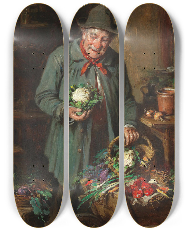 Triptych art skateboard deck of Hermann Kern Der Gemsehndler_4 by Hermann Kern (1838-1912)