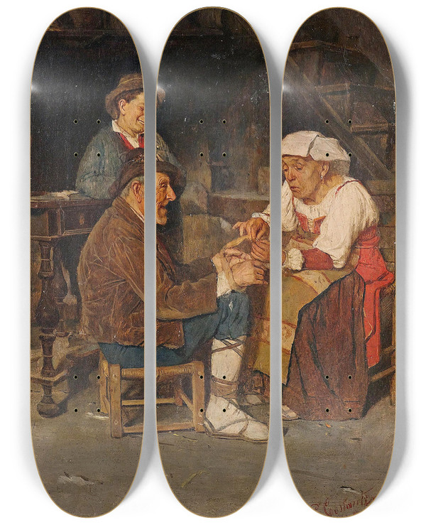 Triptych art skateboard deck of Giuseppe Costantini Hilfe Fr Die Spitzenklpplerin by Giuseppe Costantini (1843-1893)