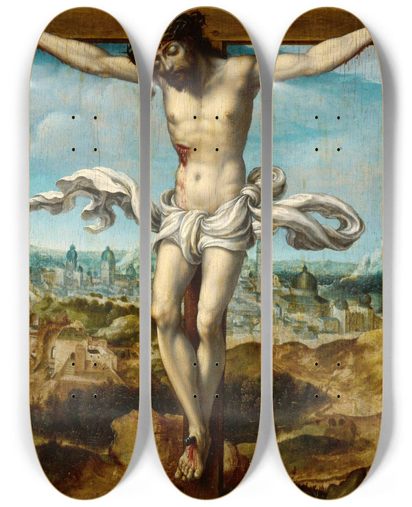Triptych art skateboard deck of Follower Of Jan Gossaert The Crucifixion by Follower Of Jan Gossaert (1478-1532)