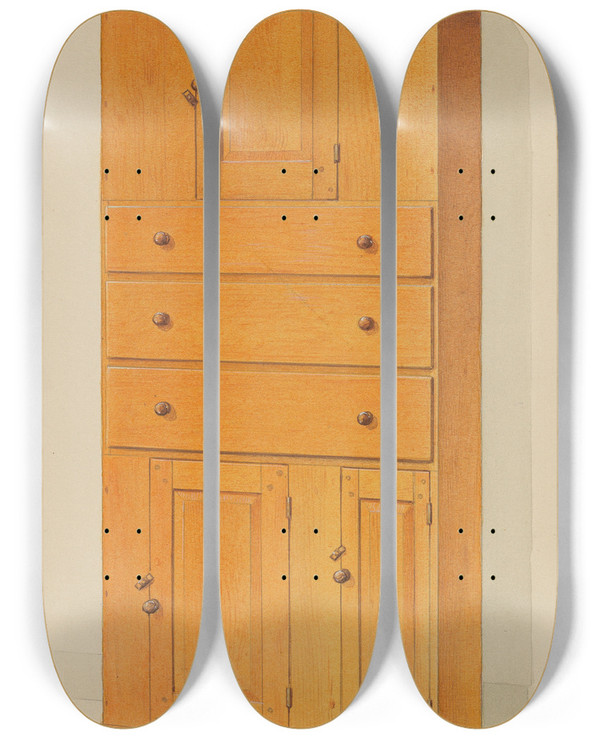 Triptych art skateboard deck of Howard Weld Shaker Cupboard With Drawers by Howard Weld