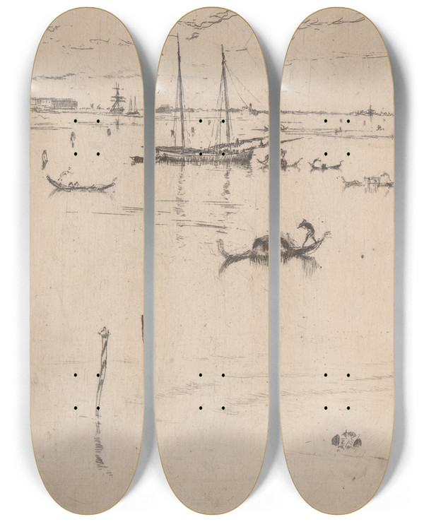 Triptych art skateboard deck of James Abbott Mcneill Whistler The Little Lagoon by James Abbott Mcneill Whistler (1834-1903)