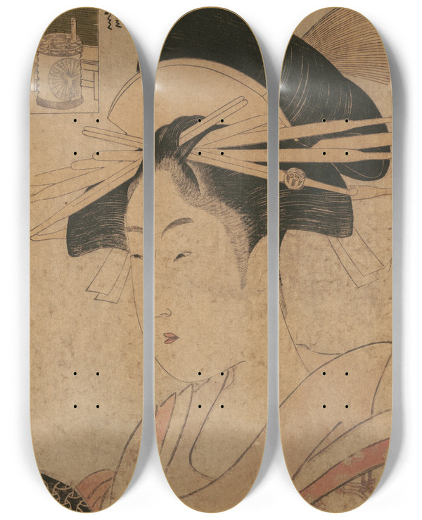 Triptych art skateboard deck of Kitagawa Utamaro Portrait Of Beauty Takigawa At Giya by Kitagawa Utamaro (1753-1806)