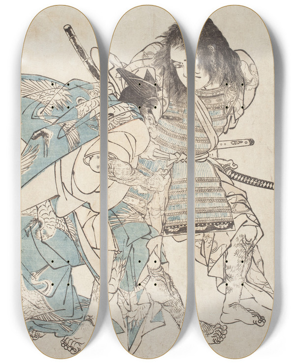 Triptych art skateboard deck of Katsukawa Shunsh The Armorpulling Scene From The Tale Of The Sga Brothers by Katsukawa Shunsho (1726-1792)