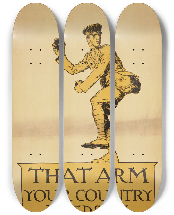 Triptych art skateboard deck of Vojtech Preissig That Arm Your Country Needs It by Vojtech Preissig (1873-1944)