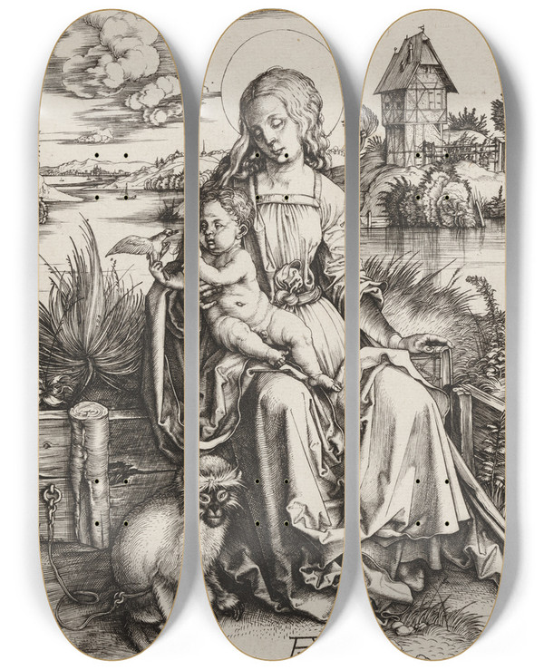 Triptych art skateboard deck of Albrecht Drer Virgin And Child With The Monkey by Albrecht Durer (1471-1528)