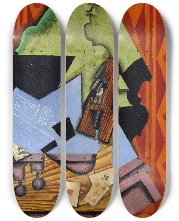 Triptych art skateboard deck of Juan Gris Violin And Playing Cards On A Table by Juan Gris (1887-1927)