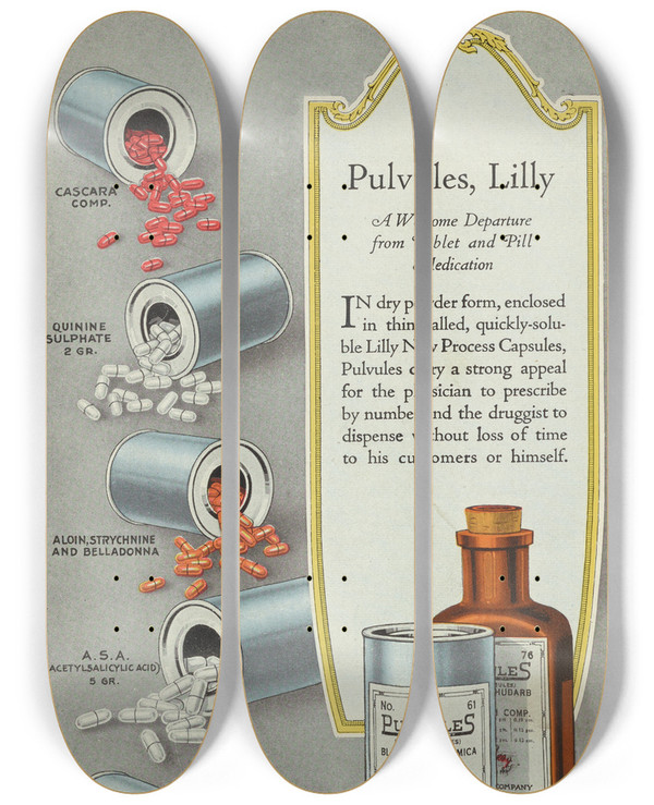 Triptych art skateboard deck of Eli Lilly Company Pulvules Lilly by Eli Lilly Company (19-20-)
