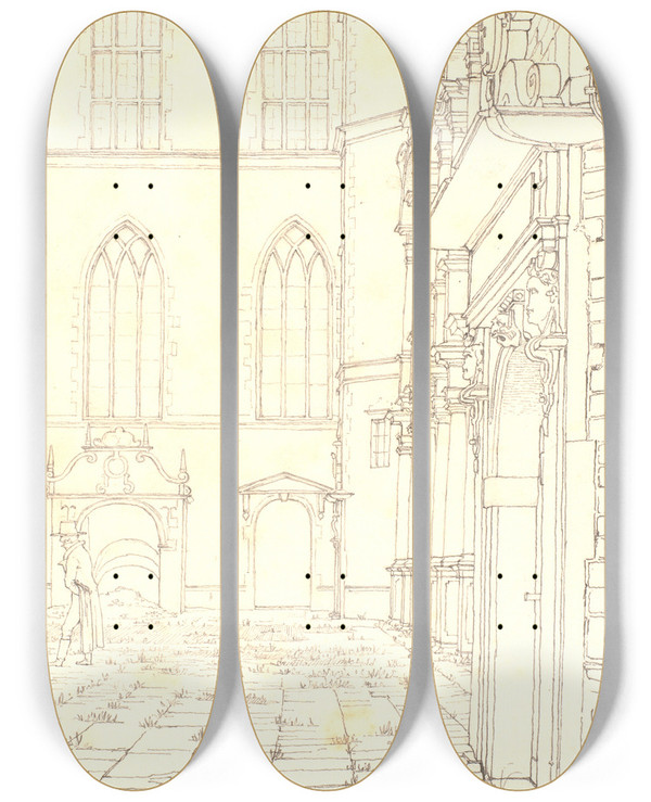 Triptych art skateboard deck of Christen Kbke The Inner Court In Frederiksborg Castle by Christen Kobke (1810-1848)