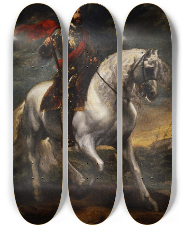 Triptych art skateboard deck of Anthony Van Dyck Equestrian Portrait Of The Emperor Charles V by Anthony Van Dyck (1599-1641)