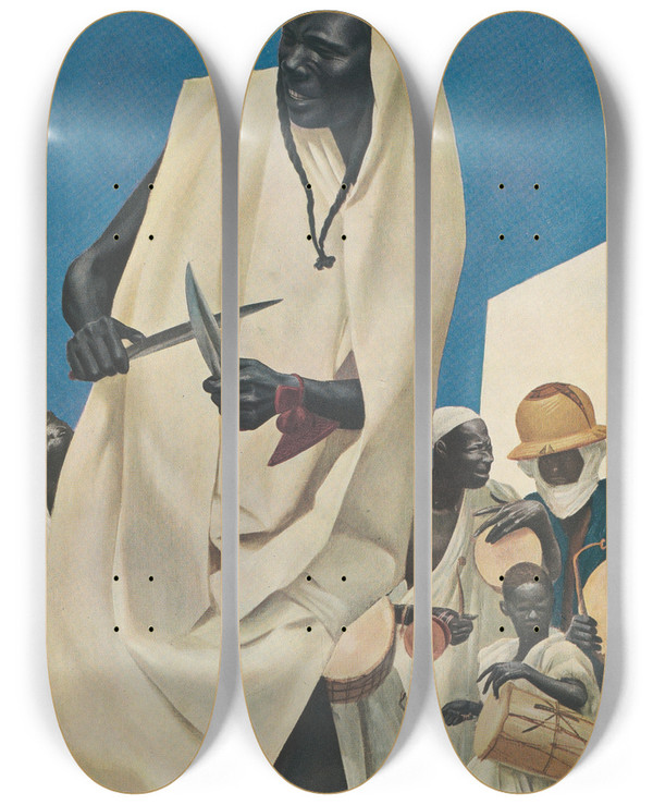 Triptych art skateboard deck of Alexandre Jacovleff Dessins Et Peintures Dafrique Pl 3 by Alexandre Jacovleff (1887-1938)
