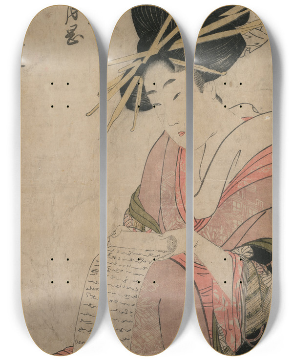 Triptych art skateboard deck of Kitagawa Utamaro The Courtesan Tsukioka Of Hyogoya Rolling A Letter From The Series A Selection Of Six Authors In The Green Houses by Kitagawa Utamaro (1753-1806)