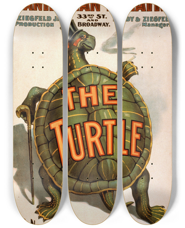 Triptych art skateboard deck of Strobridge And Co The Turtle by Strobridge and Co (1910-1954)