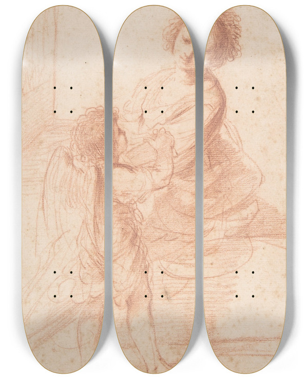 Triptych art skateboard deck of Guercino Saint Cecilia Playing The Organ by Guercino (1591-1666)