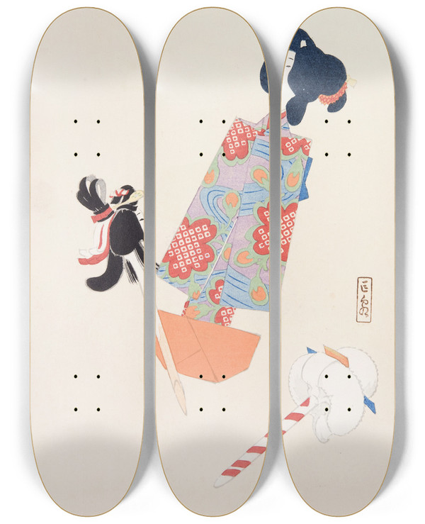 Triptych art skateboard deck of Kawasaki Kyosen Kyosens Collected Illustrations Of Japanese Toys Pl069 by Kawasaki Kyosen (1877-1942)