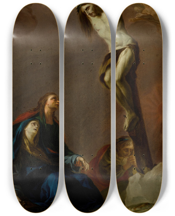 Triptych art skateboard deck of Pietro Bardellino Modello For An Altarpiece Of The Crucifixion With The Virgin Mary Magdalen And Saint John by Pietro Bardellino (1728-1810)