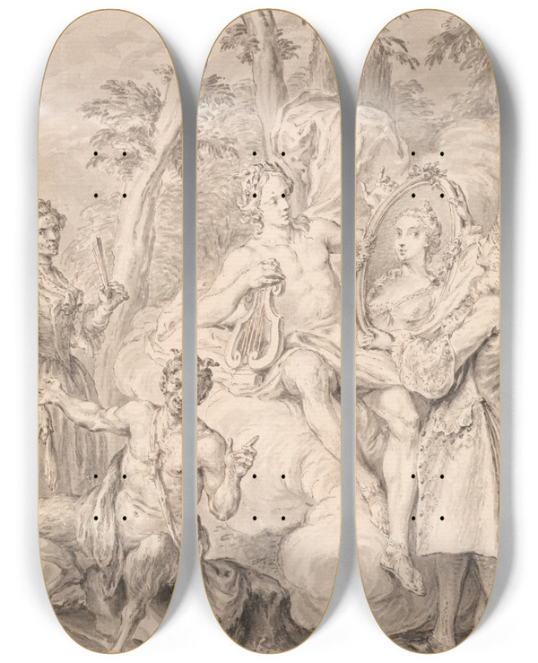 Triptych art skateboard deck of Hubertfranois Gravelot Drawing For A Frontispiece The Toast by Hubert-Franois Gravelot (1699-1773)