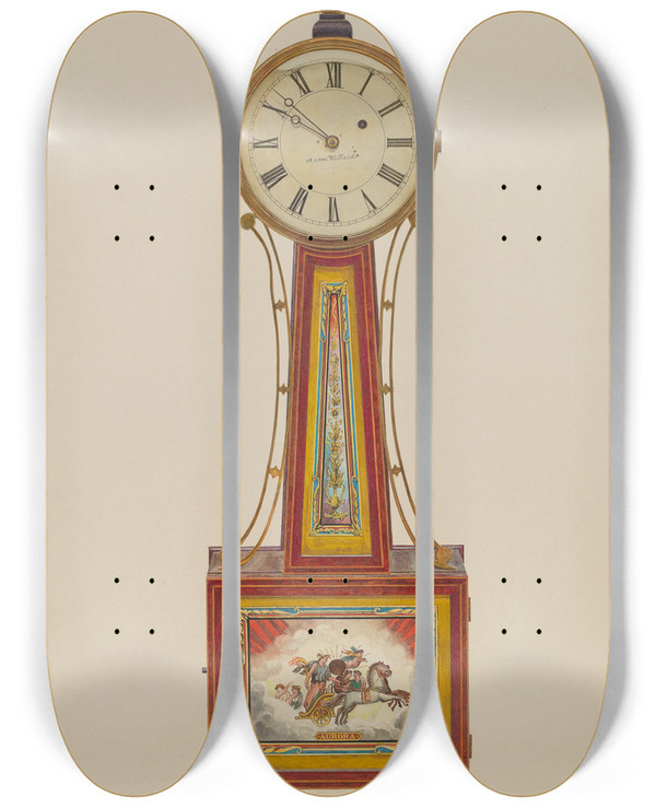 Triptych art skateboard deck of Frank M Keane Banjo Clock by Frank M Keane