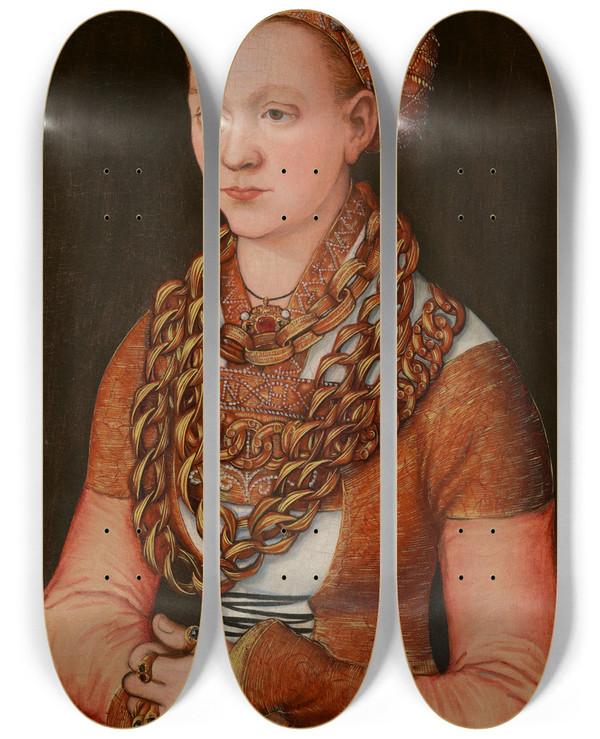 Triptych art skateboard deck of Lucas Cranach The Elder Portrait Of Anna Buchner Ne Lindacker by Lucas Cranach The Elder (1472-1553)