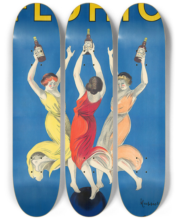 Triptych art skateboard deck of Leonetto Cappiello Florio by Leonetto Cappiello (1875-1942)