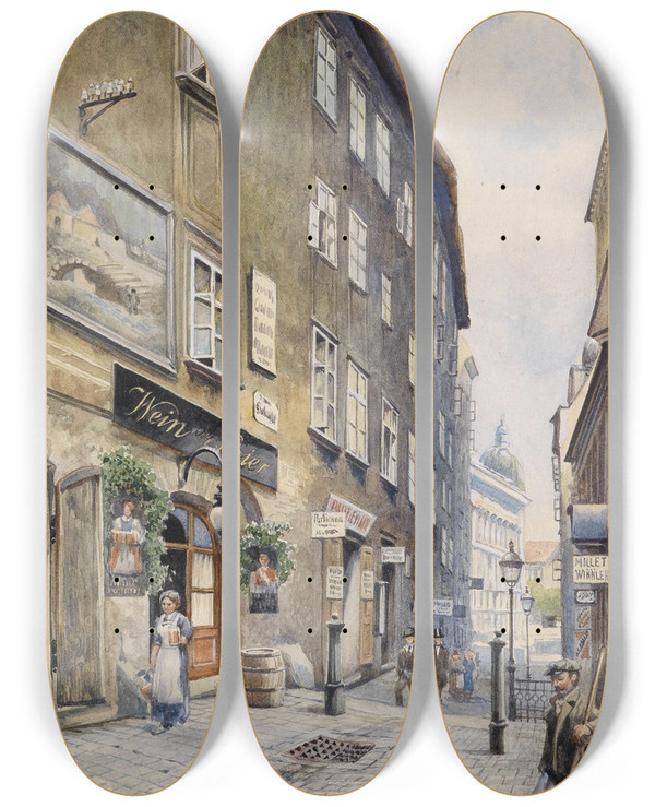 Triptych art skateboard deck of Karl Schnorpfeil Fischerstiege by Karl Schnorpfeil (1875-1937)